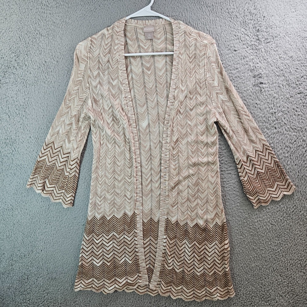 Chico's Open Front Long Cardigan Women Size 0 Small Zigzag Pattern Beige Brown